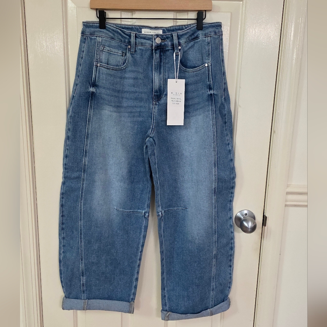 Risen Baggy High-Rise Barrel Jeans Cropped Rolled Cuffed Jeans Size 13 Nwt